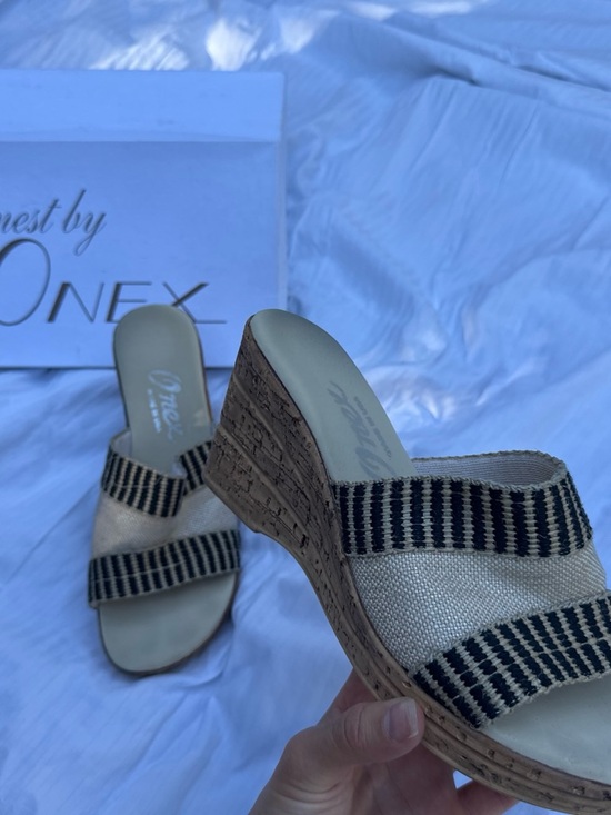 Onex Shoes - Onex Natural and Black Woven Wedge Slide